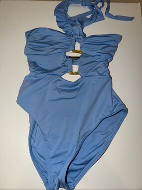 Girls' Light Blue Halter One-Piece Swimsuit with Gold Accents